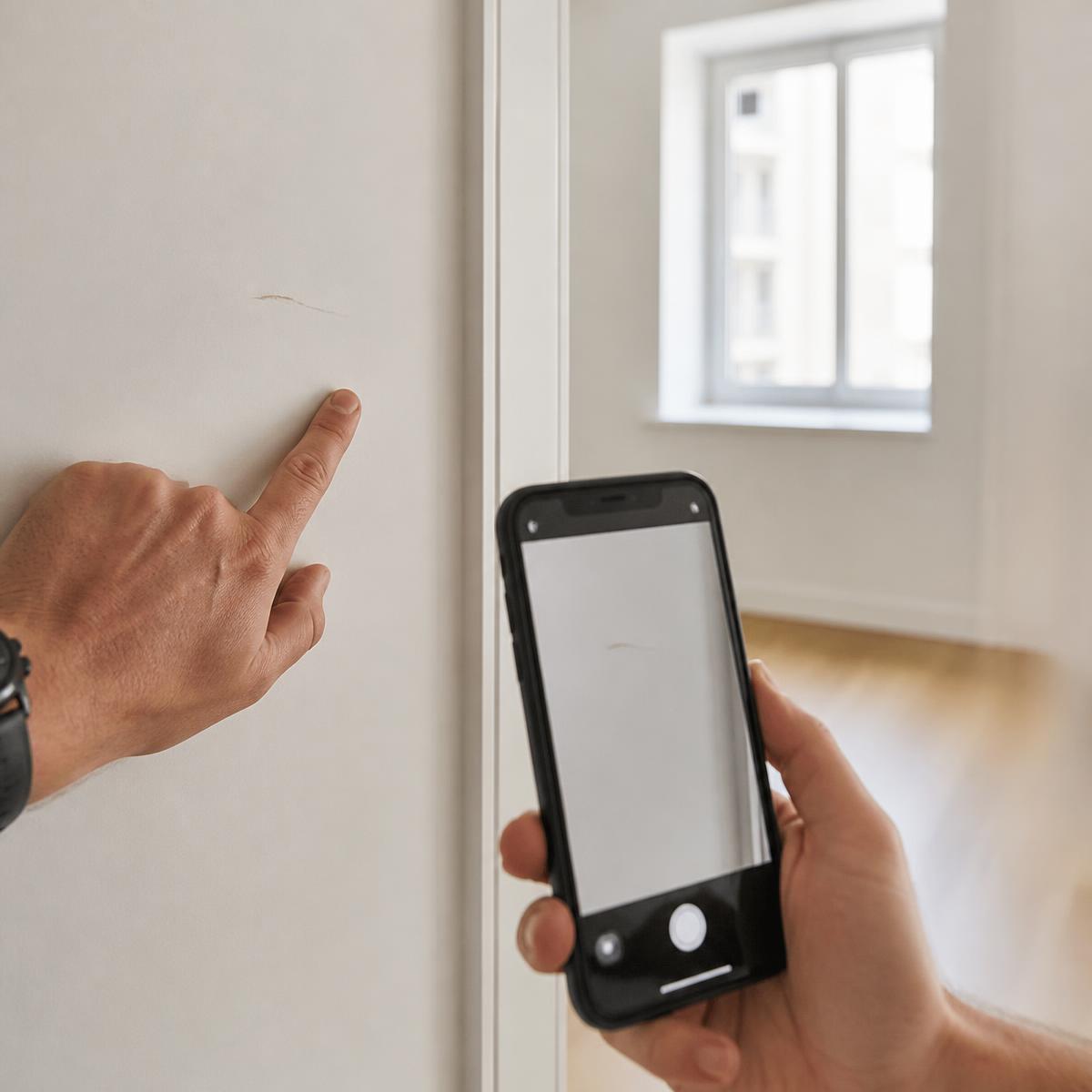 Detail van een kras op een muur die gefotografeerd wordt